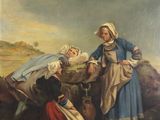 une peinture à l'huile représentant deux femmes debout à côté d'une vache