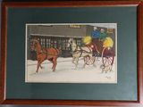 painting of two horses pulling a carriage in front of a building