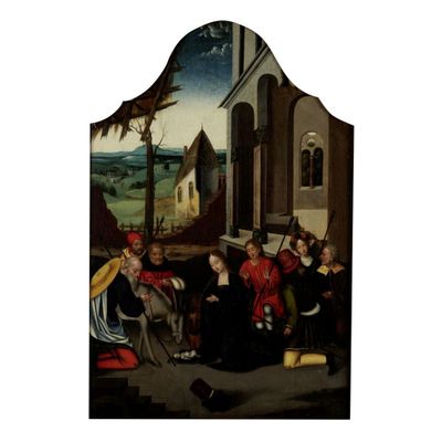 une image d'un tableau représentant un groupe de personnes assises sur un banc
