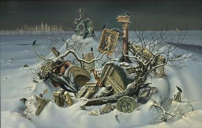 un tableau représentant une calèche tirée par des chevaux dans la neige