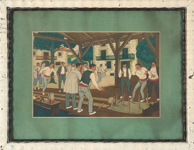 tableau représentant un groupe d'hommes jouant au croquet