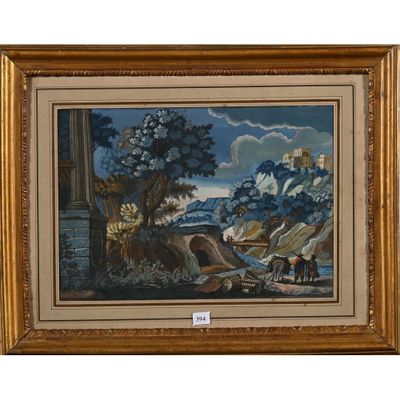 une image représentant un tableau de paysage avec un homme et un cheval