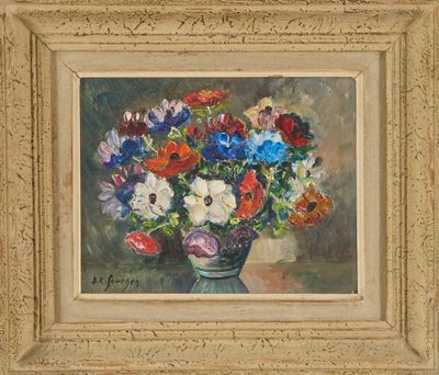 an oil painting of a vase of flowers on a table