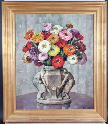 une peinture de fleurs dans un vase sur une table