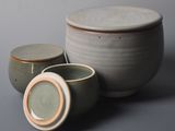 two bowls and a container sitting on a table