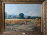 painting of a couple of people in a field with a dog