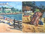 paintings of people on the beach and in the water