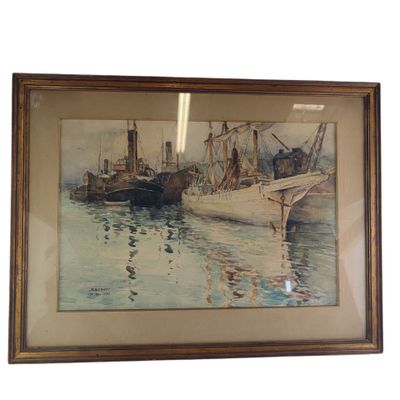 tableau représentant un bateau dans un port, avec d'autres bateaux dans l'eau