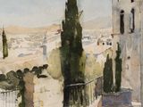 une aquarelle représentant une vue d'une ville