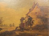 painting of two men on horses with a house in the background