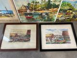 two framed paintings of boats and a boat in a harbor