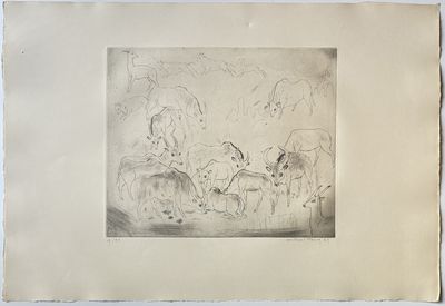 an old drawing of a group of animals in a field