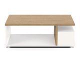 une table basse blanche avec un plateau en bois sur fond blanc
