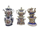 three different types of porcelain teapots are shown on a white background