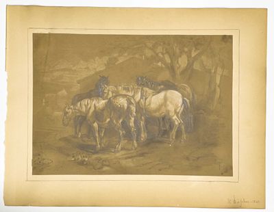 tableau représentant un groupe de chevaux dans un champ, avec un homme à cheval