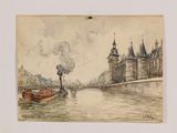 painting of a boat on a river with a castle in the background