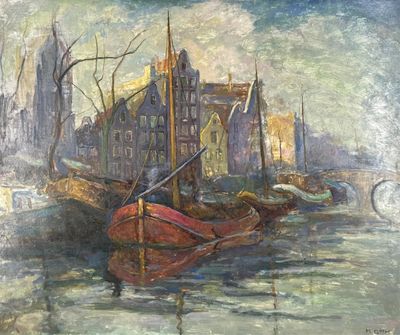 a painting of a harbor scene with boats in the water