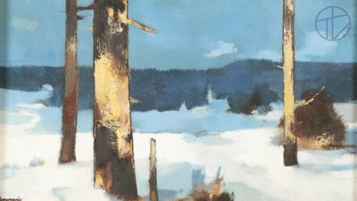 un tableau représentant deux arbres dans la neige, avec le ciel en arrière-plan