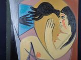 un tableau représentant une femme avec un oiseau sur l'épaule