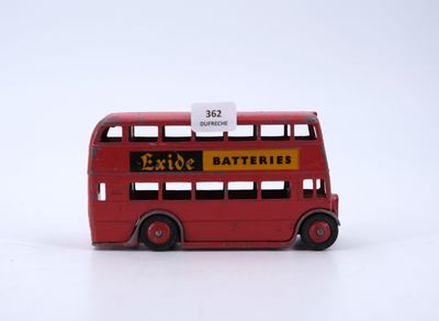 a red double decker bus on a white surface