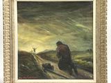 an oil painting of a man standing on a hill with a dog