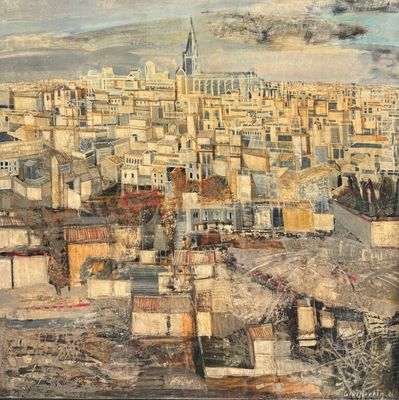 painting of a view of a city with a clock tower in the distance