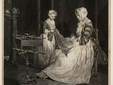 an old picture of two women sitting in a room with a dog