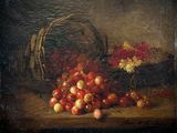 tableau représentant un panier de cerises et des cerises posées sur une table