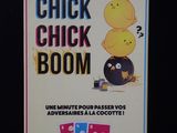 a sign that says chick chick boom on the front of a bicycle