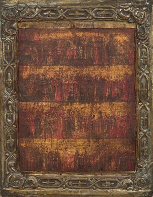 un tableau représentant un vieux cadre en bois sur fond rouge et or