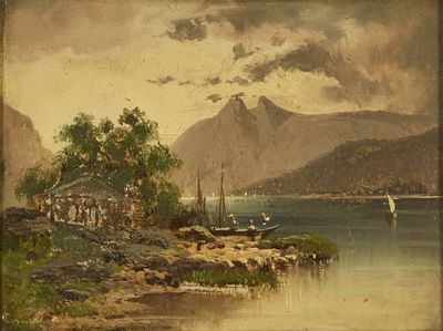 painting of a view of a lake with boats and mountains in the background