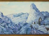 painting of a mountain scene with a man and a horse in the foreground