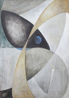 peinture représentant une œuvre abstraite aux couleurs noir, blanc et bleu