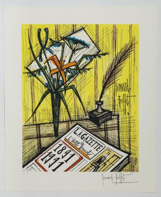 a drawing of a vase of flowers on a table