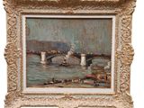 l'image d'une peinture représentant un pont au-dessus d'une étendue d'eau