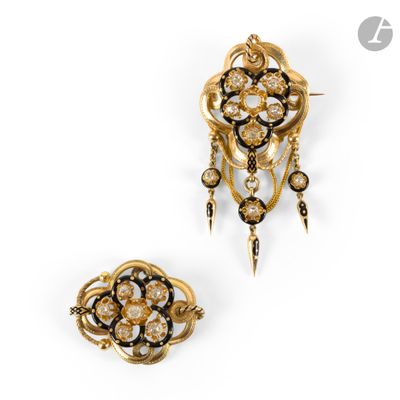 a pair of gold and diamond brooches