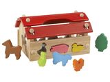 an image of a wooden toy box with animals and a dog