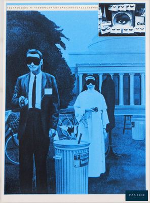 une affiche représentant un homme et une femme debout devant une poubelle