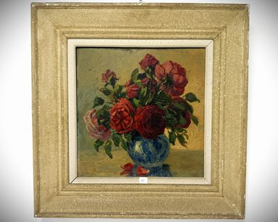 a painting of roses in a blue and white vase