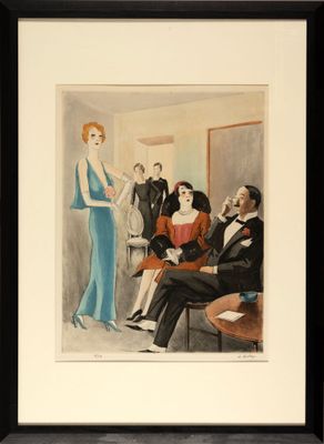painting of a woman in a blue dress standing in front of a group of people