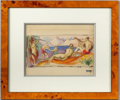 tableau représentant un groupe de personnes sur une plage, dans un cadre en bois