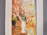 a painting of flowers in a vase on a table