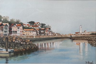 a watercolor painting of a harbor scene with boats