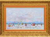 une peinture à l'huile représentant une scène de plage avec des personnes jouant dans l'eau