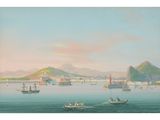 an image of a painting of boats in a body of water with mountains in the background