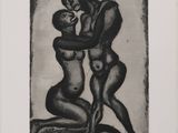 a black and white drawing of two nudes hugging each other