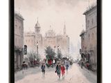 tableau représentant des personnes marchant dans une rue de la ville, avec des parapluies sous la pluie