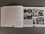 an open book with pictures of people and buildings on it