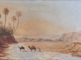 tableau représentant une scène de désert avec des chameaux et des palmiers au bord d'un ruisseau