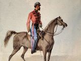 a painting of a man riding a horse in the desert